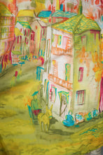 Load image into Gallery viewer, 50s RED AND LIME GREEN PAINTERLY VILLAGE PRINT NOVELTY COTTON FULL SKIRT - 25"