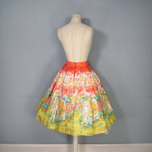 Load image into Gallery viewer, 50s RED AND LIME GREEN PAINTERLY VILLAGE PRINT NOVELTY COTTON FULL SKIRT - 25"