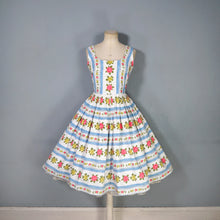 Load image into Gallery viewer, 50s 60s BLUE STRIPE AND ROSE TEXTURED COTTON DAY DRESS - XS-S / petite fit
