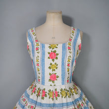 Load image into Gallery viewer, 50s 60s BLUE STRIPE AND ROSE TEXTURED COTTON DAY DRESS - XS-S / petite fit