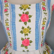 Load image into Gallery viewer, 50s 60s BLUE STRIPE AND ROSE TEXTURED COTTON DAY DRESS - XS-S / petite fit