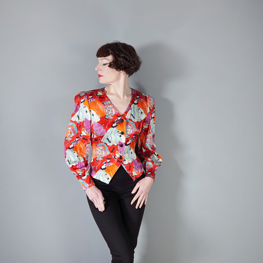 80s YVES SAINT LAURENT NOVELTY MASCARADE PRINT SILK BLOUSE - S-M