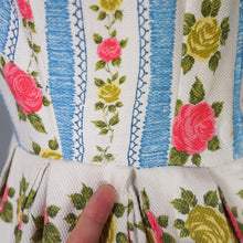 Load image into Gallery viewer, 50s 60s BLUE STRIPE AND ROSE TEXTURED COTTON DAY DRESS - XS-S / petite fit