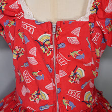 Load image into Gallery viewer, 50s RED COTTON NOVELTY PRINT FLAMENCO PRINT RUFFLED FULL SKIRT - S-M