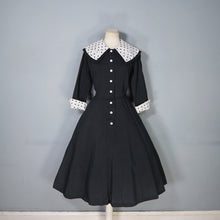 Load image into Gallery viewer, 50s BLACK FIT AND FLARE DRESS WITH POLKA DOT COLLAR AND CUFFS - S