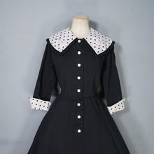 Load image into Gallery viewer, 50s BLACK FIT AND FLARE DRESS WITH POLKA DOT COLLAR AND CUFFS - S