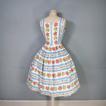 Load image into Gallery viewer, 50s 60s BLUE STRIPE AND ROSE TEXTURED COTTON DAY DRESS - XS-S / petite fit