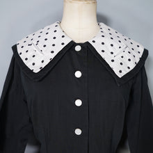 Load image into Gallery viewer, 50s BLACK FIT AND FLARE DRESS WITH POLKA DOT COLLAR AND CUFFS - S