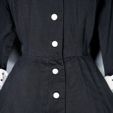 Load image into Gallery viewer, 50s BLACK FIT AND FLARE DRESS WITH POLKA DOT COLLAR AND CUFFS - S