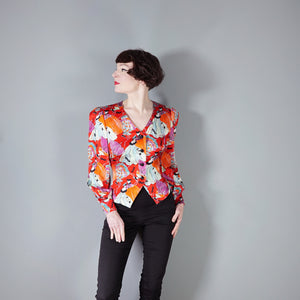 80s YVES SAINT LAURENT NOVELTY MASCARADE PRINT SILK BLOUSE - S-M