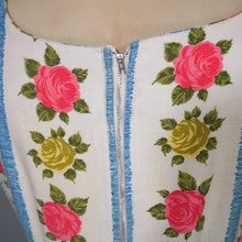 Load image into Gallery viewer, 50s 60s BLUE STRIPE AND ROSE TEXTURED COTTON DAY DRESS - XS-S / petite fit