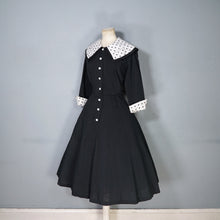 Load image into Gallery viewer, 50s BLACK FIT AND FLARE DRESS WITH POLKA DOT COLLAR AND CUFFS - S