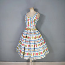 Load image into Gallery viewer, 50s 60s BLUE STRIPE AND ROSE TEXTURED COTTON DAY DRESS - XS-S / petite fit
