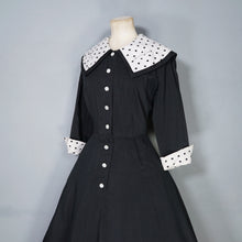 Load image into Gallery viewer, 50s BLACK FIT AND FLARE DRESS WITH POLKA DOT COLLAR AND CUFFS - S