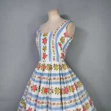 Load image into Gallery viewer, 50s 60s BLUE STRIPE AND ROSE TEXTURED COTTON DAY DRESS - XS-S / petite fit