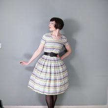 Load image into Gallery viewer, GREY AND WHITE RAINBOW STRIPE 50s COTTON DAY DRESS - S