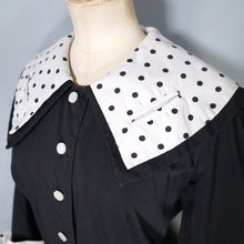 Load image into Gallery viewer, 50s BLACK FIT AND FLARE DRESS WITH POLKA DOT COLLAR AND CUFFS - S