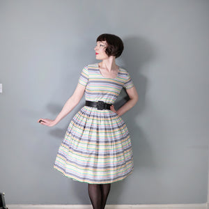 GREY AND WHITE RAINBOW STRIPE 50s COTTON DAY DRESS - S