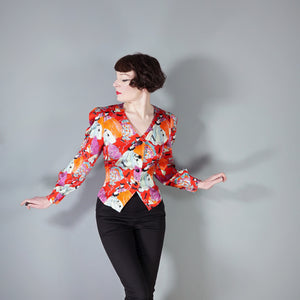 80s YVES SAINT LAURENT NOVELTY MASCARADE PRINT SILK BLOUSE - S-M