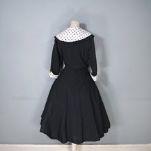 Load image into Gallery viewer, 50s BLACK FIT AND FLARE DRESS WITH POLKA DOT COLLAR AND CUFFS - S