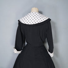Load image into Gallery viewer, 50s BLACK FIT AND FLARE DRESS WITH POLKA DOT COLLAR AND CUFFS - S