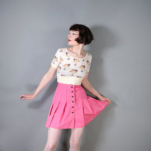 60s CANDY PINK PLEATED MINI BUTTON THROUGH SKIRT - 26"