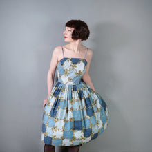 Load image into Gallery viewer, 50s HORROCKSES FASHIONS BLUE STRAPPY FULL SKRTED FLORAL GRID PRINT SUN DRESS - S