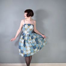Load image into Gallery viewer, 50s HORROCKSES FASHIONS BLUE STRAPPY FULL SKRTED FLORAL GRID PRINT SUN DRESS - S