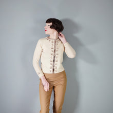 Load image into Gallery viewer, 50s 60s BEIGE AND BROWN 3D CHERRY PATTERN WOOL CARDIGAN - S