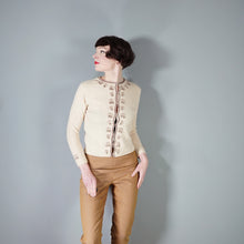Load image into Gallery viewer, 50s 60s BEIGE AND BROWN 3D CHERRY PATTERN WOOL CARDIGAN - S