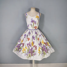 Load image into Gallery viewer, 50s PURPLE AND YELLOW IRIS PRINT FULL SKIRTED COTTON SUN DRESS -XS