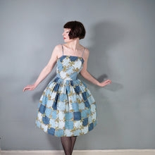 Load image into Gallery viewer, 50s HORROCKSES FASHIONS BLUE STRAPPY FULL SKRTED FLORAL GRID PRINT SUN DRESS - S