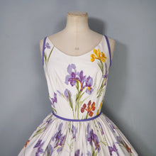 Load image into Gallery viewer, 50s PURPLE AND YELLOW IRIS PRINT FULL SKIRTED COTTON SUN DRESS -XS