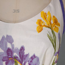 Load image into Gallery viewer, 50s PURPLE AND YELLOW IRIS PRINT FULL SKIRTED COTTON SUN DRESS -XS
