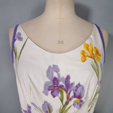 Load image into Gallery viewer, 50s PURPLE AND YELLOW IRIS PRINT FULL SKIRTED COTTON SUN DRESS -XS