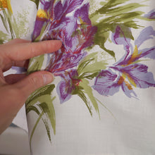 Load image into Gallery viewer, 50s PURPLE AND YELLOW IRIS PRINT FULL SKIRTED COTTON SUN DRESS -XS