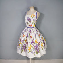 Load image into Gallery viewer, 50s PURPLE AND YELLOW IRIS PRINT FULL SKIRTED COTTON SUN DRESS -XS