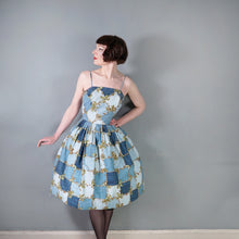 Load image into Gallery viewer, 50s HORROCKSES FASHIONS BLUE STRAPPY FULL SKRTED FLORAL GRID PRINT SUN DRESS - S