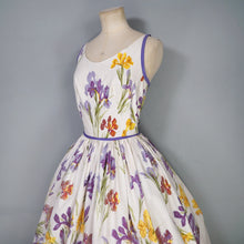 Load image into Gallery viewer, 50s PURPLE AND YELLOW IRIS PRINT FULL SKIRTED COTTON SUN DRESS -XS