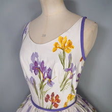 Load image into Gallery viewer, 50s PURPLE AND YELLOW IRIS PRINT FULL SKIRTED COTTON SUN DRESS -XS