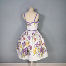 Load image into Gallery viewer, 50s PURPLE AND YELLOW IRIS PRINT FULL SKIRTED COTTON SUN DRESS -XS