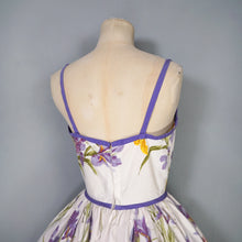 Load image into Gallery viewer, 50s PURPLE AND YELLOW IRIS PRINT FULL SKIRTED COTTON SUN DRESS -XS