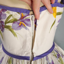 Load image into Gallery viewer, 50s PURPLE AND YELLOW IRIS PRINT FULL SKIRTED COTTON SUN DRESS -XS