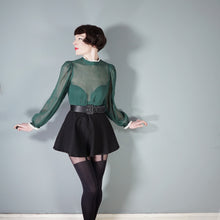 Load image into Gallery viewer, 70s DARK GREEN SEMI SHEER LACE TRIMMED VICTORIAN STYLE GOVERNESS BLOUSE - XS