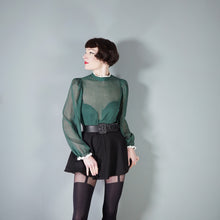 Load image into Gallery viewer, 70s DARK GREEN SEMI SHEER LACE TRIMMED VICTORIAN STYLE GOVERNESS BLOUSE - XS