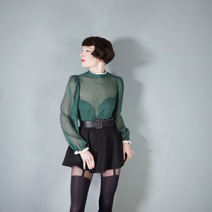 70s DARK GREEN SEMI SHEER LACE TRIMMED VICTORIAN STYLE GOVERNESS BLOUSE - XS