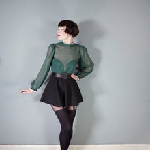 Load image into Gallery viewer, 70s DARK GREEN SEMI SHEER LACE TRIMMED VICTORIAN STYLE GOVERNESS BLOUSE - XS