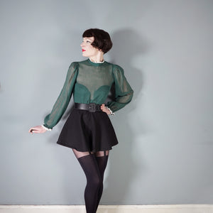 70s DARK GREEN SEMI SHEER LACE TRIMMED VICTORIAN STYLE GOVERNESS BLOUSE - XS