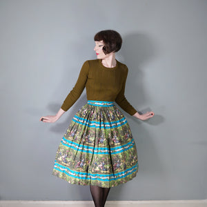 ROCOCO NOVELTY PRINT BLUE GREEN 50s FULL SKIRT - 26"