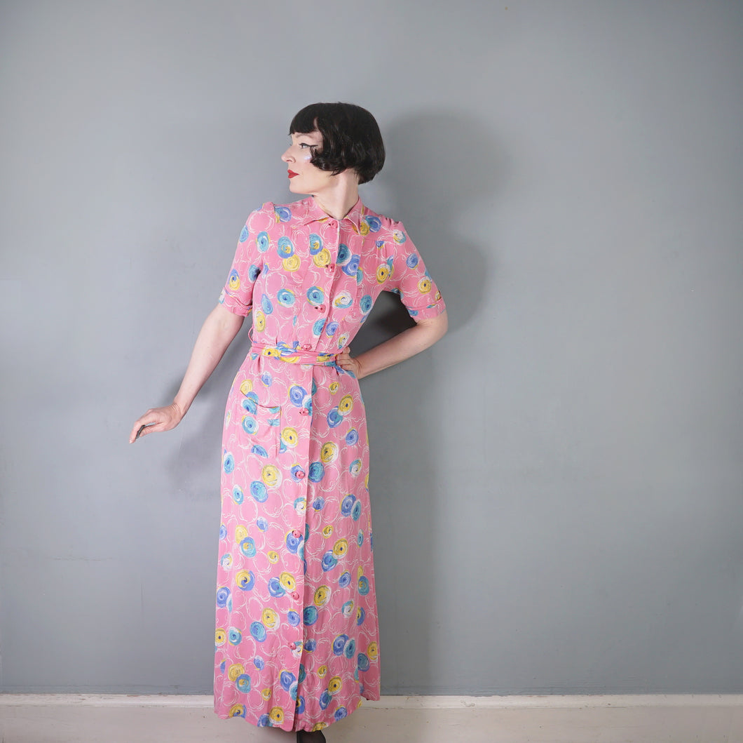 40s PINK CREPE BUTTON THROUGH MAXI HOUSE DRESS - XS